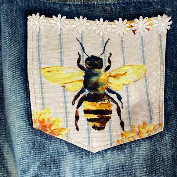 Upcyled Boyfriend Art Jeans 36 x 30 Altered Patchwork Bleach Patched Appliques - Picture 10 of 14